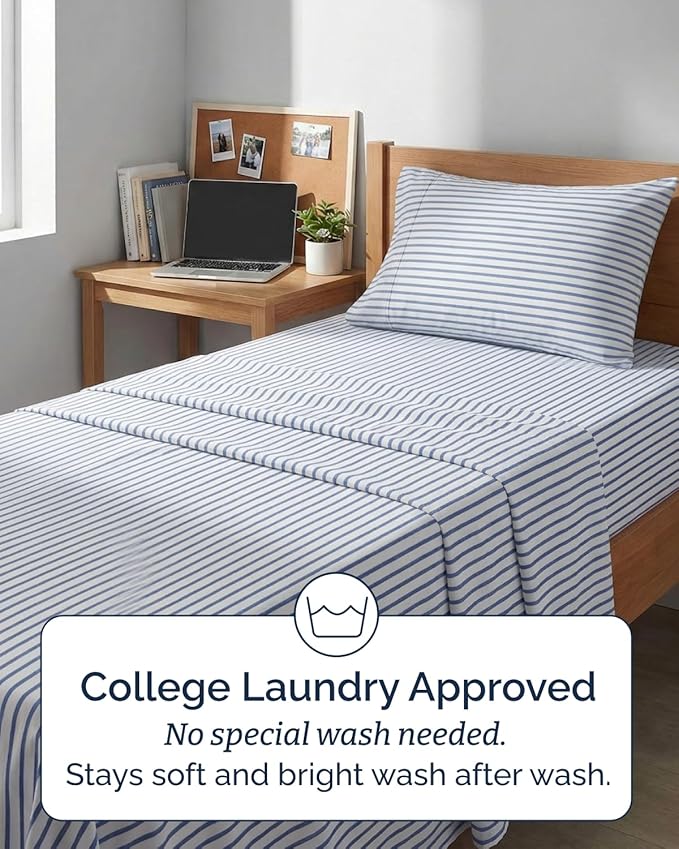 Twin XL Size 3 Piece Sheet Set - Comfy Breathable & Cooling Sheets - Hotel Luxury Bed Sheets for Women & Men - Deep Pockets, Easy-Fit, Soft & Wrinkle Free Sheets - Blue Stripes Oeko-Tex Bed Sheet Set