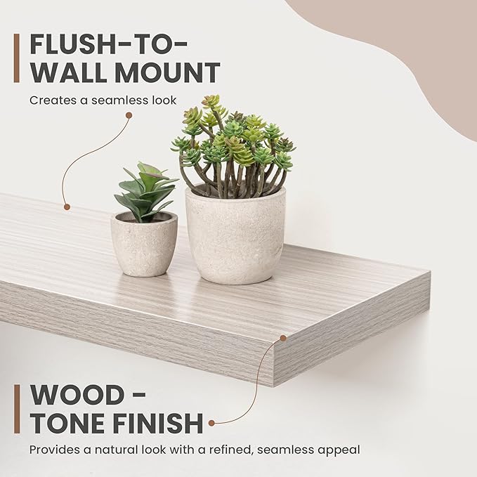 40 Inch Floating Shelves, 8 Inch Deep Floating Shelves for Wall, Hanging Shelf with Invisible Brackets, Deep Shelves for Bathroom, Bedroom, Living Room, Grey, Set of 2