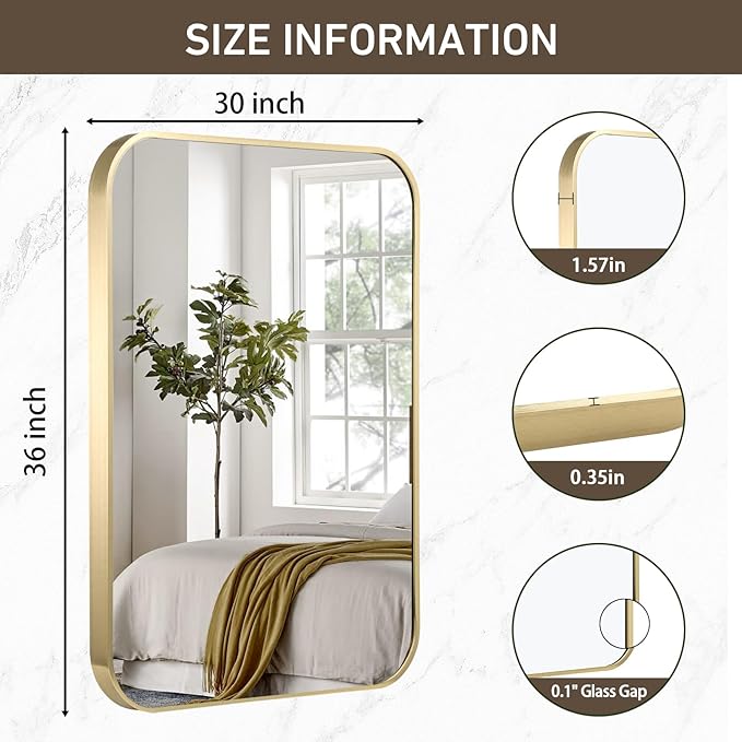 Gold Bathroom Mirror, 30x36 Inch Brushed Gold Mirror, Aluminum Alloy Framed Vanity Mirror, Rounded Rectangle Bathroom Mirror for Over Sink, Anti-Rust Wall Mirror (Horizontally or Vertically)