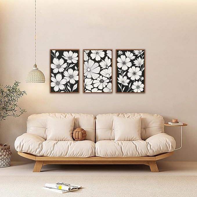 HLNIUC Abstract Black and White Framed Canvas Wall Art,White Flower Plant Poster,Modern Minimalist Floral Painting,Daisy Floral Canvas Art Print for Living Room Bedroom Office-16 x24 x3