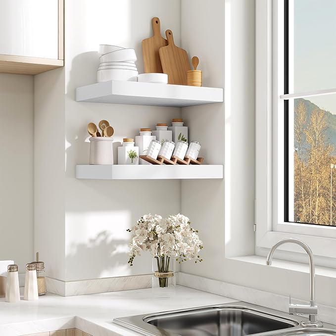 Fun Memories Wood Floating Shelves 16 Inch, 10 Inch Deep Shelves Wall Mount, Wall Shelves with Invisible Bracket, 16" Floating Shelves for Living Room Bathroom Bedroom, White, Set of 2