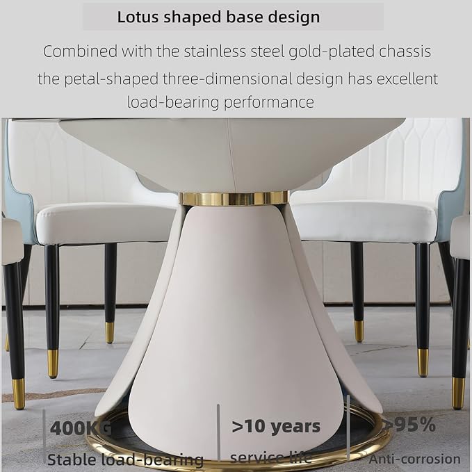 Round Marble Dining Table Set for 6-8, Kitchen Table, Dining Room Table Set Petal Pu Leather & Metal Base (59'' Table)