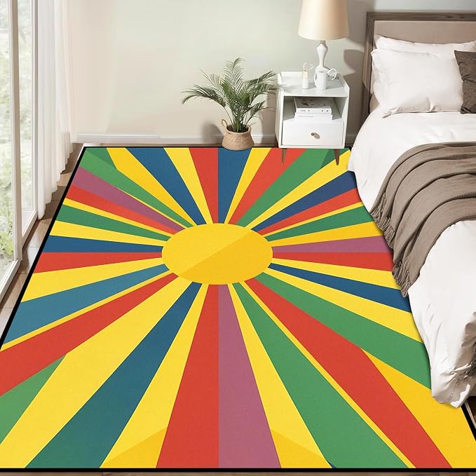 Rainbow Sunburst Area Rug Colorful Geometric Sun Carpet Soft Non-Slip Washable Floor Mat for Bedroom Living Room Nursery Playroom Classroom Home Decor,4'x6'