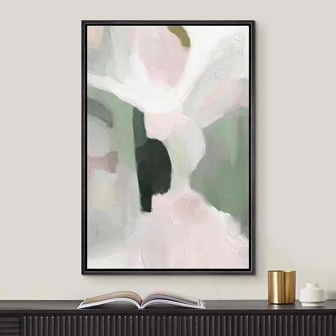MUDECOR Framed Canvas Print Wall Art Green Pink Watercolor Paint Strokes Abstract Shape Illustrations Modern Art Decorative Bohemian Colorful Chic for Living Room, Bedroom, Office - 16"x24" Black