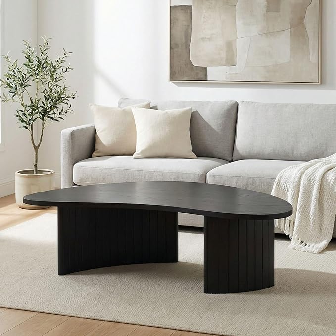 35.5 Inch Modern Black Wood Small Coffee Table for Small Spaces, Sturdy Center Table with Irregular Mango Top and Fluted Legs for Living Room, Apartment