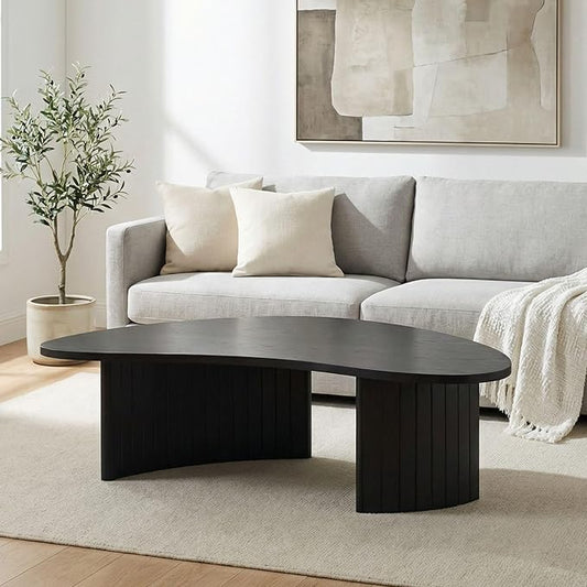35.5 Inch Modern Black Wood Small Coffee Table for Small Spaces, Sturdy Center Table with Irregular Mango Top and Fluted Legs for Living Room, Apartment