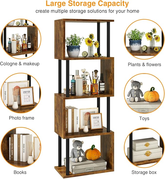 IBUYKE 5-Tier Tall Bookshelf,S-Shaped Geometric Bookcase, Wood Display Shelves with Storage,Industrial Bookshelf for Living Room Bedroom, Home Office, Rustic Brown WBC015H