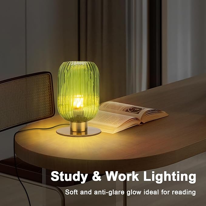 Bedside Table Lamps Set of 2, Small Glass Table Lamp Green Bedside Lamp with Brass Metal Base, Mid Century Table Lamp Gold Nightstand Lamp End Table Lamps for Bedroom Living Room Office