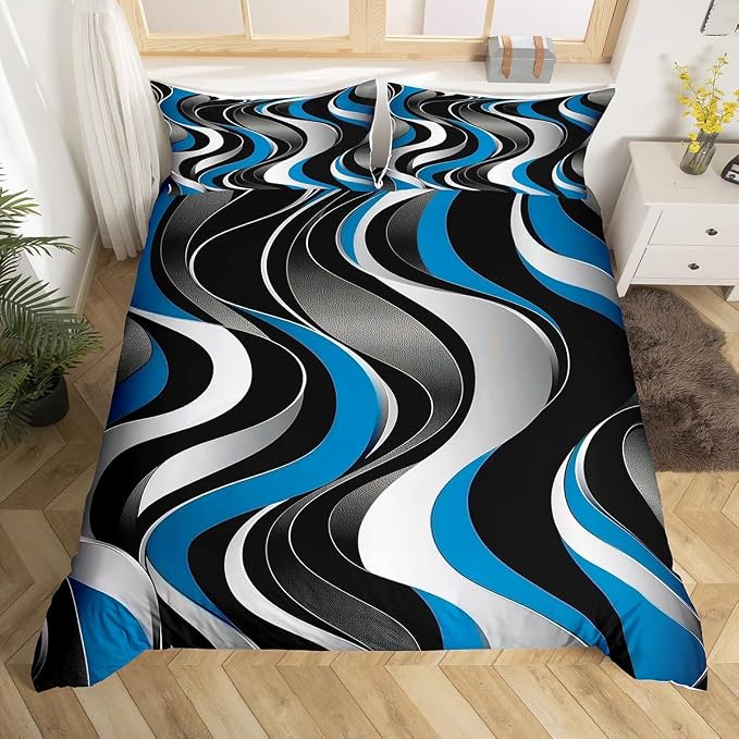 Erosebridal Geometric Wavy Lines Duvet Cover Queen for Kids Teens Adults,Minimalist Abstract Art Comforter Cover,Modern Aesthetic Bedding Set,Blue Grey Black Bed Set with 2 Pillowcases Bedroom Decor