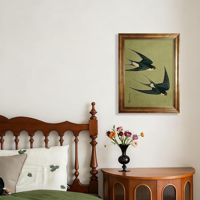 Gold Framed Japanese Flying Swallow Wall Art Asian Japandi Bird Animal Poster Nature Vintage Green Canvas Prints for Living Room Bedroom Home Decor 16x24 inch