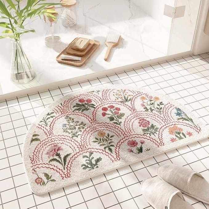 vctops Half Circle Bathroom Rugs, Spring Floral Print Absorbent Microfiber Bath Rugs, Non Slip Quick Dry Bath Mats for Bathroom Floor, Tub and Shower, Home Decor Accessories (Half Round D,24"x35")