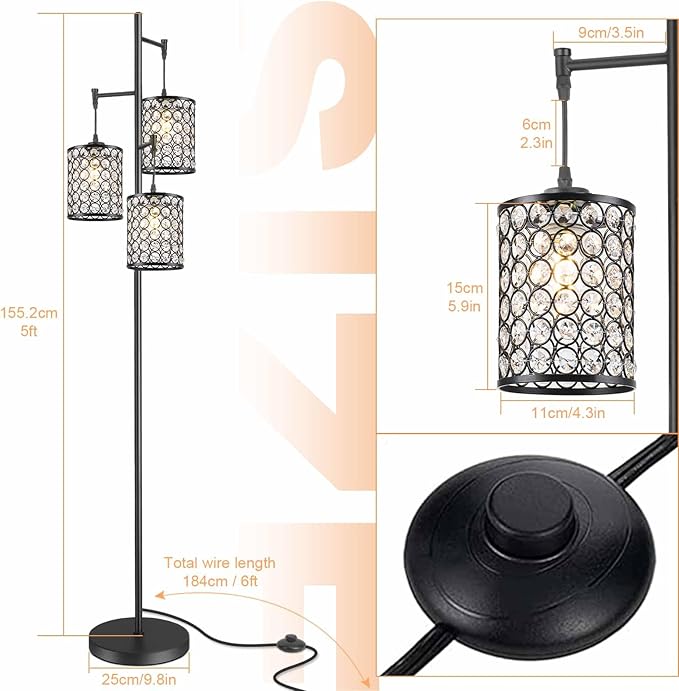 EE Eleven Master YeLEEiNO Floor Lamps,Modern 3-Light Tree Floor Lamp for Living Room Crystal Standing Lamp with On/Off Switch Elegant Black Pole Light for Bedrooms Office Hotel
