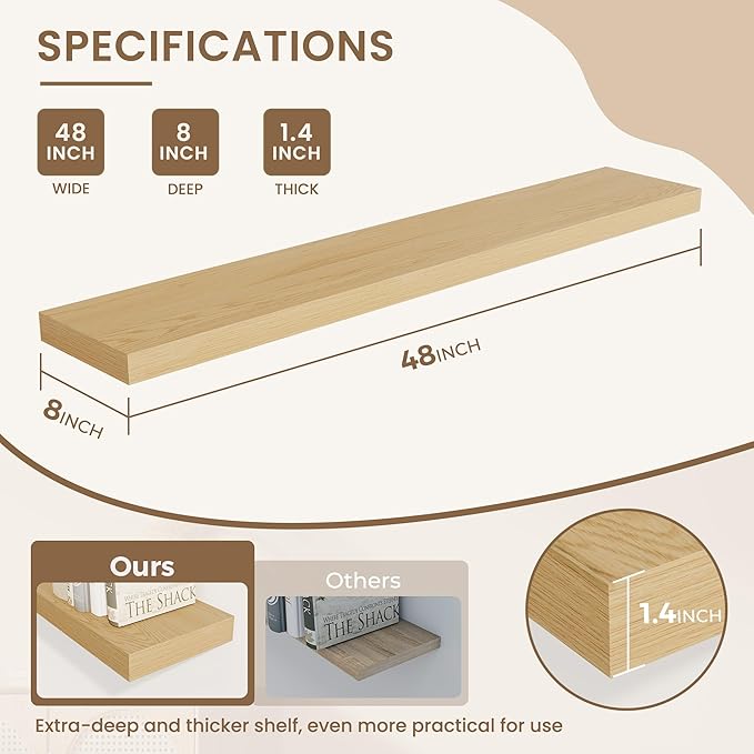 Dreamland 48 Inches Floating Shelves for Wall, 8" Deep Long Floating Shelves Set of 1, Large Display & Storage Shelf, Wall Shelf for Bathroom Bedroom Living Room Kitchen Office, Oak