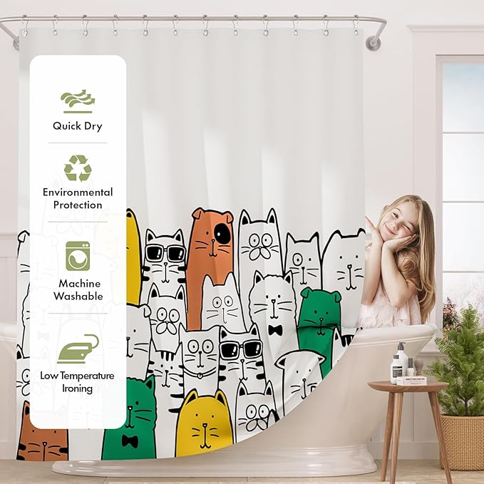 AmazerBath Shower Curtain, Washable Cute Kitty Carnival Cloth Shower Curtain Set with 12 Metal Hooks, Kawaii Waterproof Fabric Black and White Shower Curtain for Kids' Bathroom, 72x72 Inches