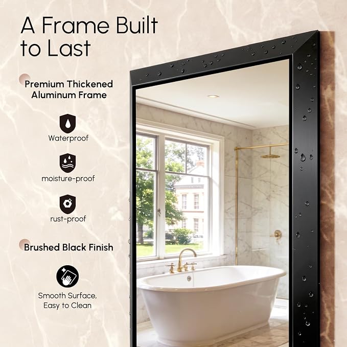 USHOWER 24x32 Inch Floating Bathroom Mirror - Brushed Black Wall Mirror for Over Sink, Beveled Aluminum Frame, Anti-Rust, Rectangular HD Reflection Small Vanity Mirror(Copper-Free Silver Coating)