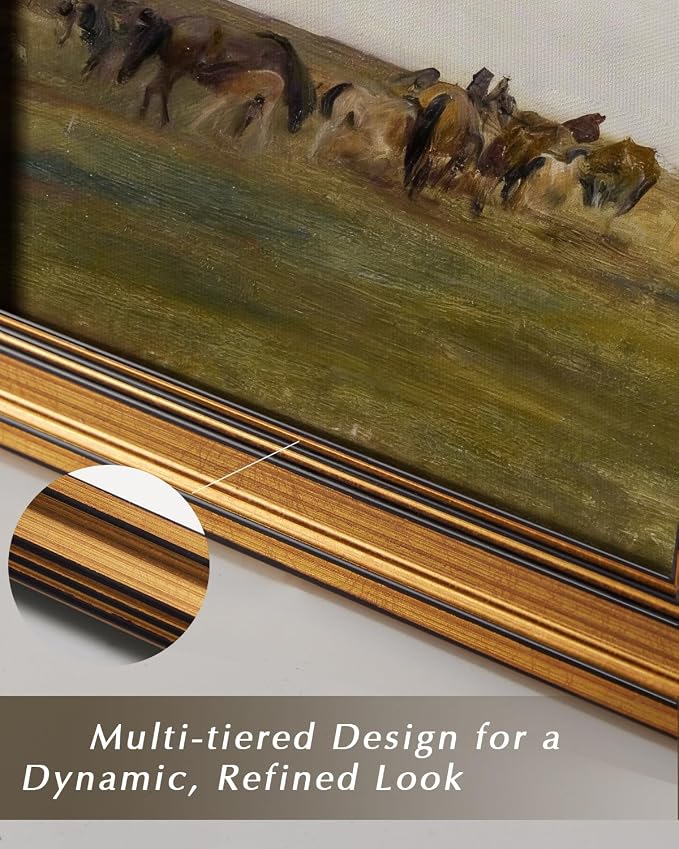 HUARCEY Gold Framed Vintage Wall Art for Living Room, Animals Painting Prints Shelf Decor for Kitchen, Aesthetic Bedroom Wall Art, Best Gifts for Friends or Family - Horses in the Meadow 10L x 8W