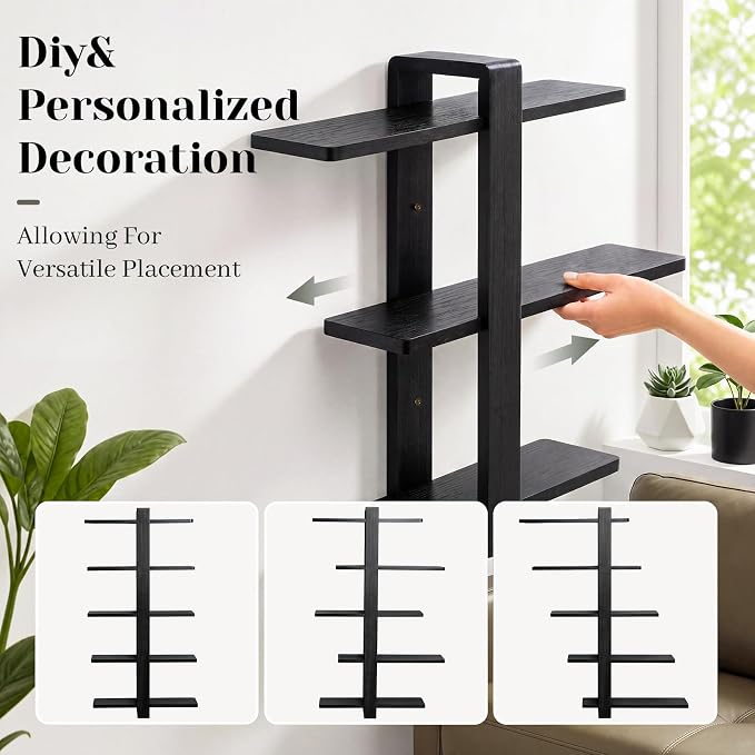 Pinkunn Floating Shelves for Wall, 5 Tier Wall Mounted Shelf Unit with 19.7 Inch Pine Wood Shelves and Black Frame, Decorative Plant Photo Book Display Shelf for Living Room Bedroom Bathroom