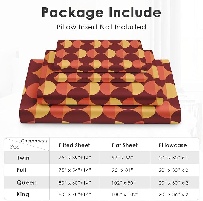 Pamnest Twin Size Bed Sheet Sets, 70S Vintage Mid Century Soft Microfiber 3 Pcs Bedding Sets for Kids and Adults Bedroom Bed Decor, Geometric Flower Retro Flat, Fitted Sheet and Pillowcases