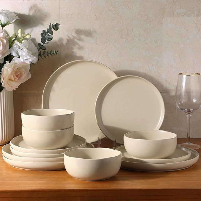 AmorArc Ceramic Dinnerware Sets, Wavy Rim Stoneware Plates and Bowls Sets,Dishwasher & Microwave & Oven Safe Dishes set, Service for 4 (12pc)