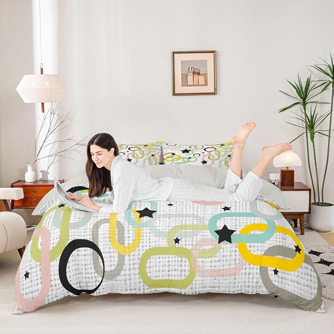 Erosebridal Boho Mid Century Comforter Cover Full Modern Abstract Geometric Bedding Set Retro Vintage Artistic Aesthetic Duvet Cover for Kids Girls Boys Adults Atomic Minimalism Bed Set