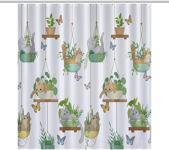 Cat Shower Curtain,Rustic Farmhouse Hanging Potted Plants Funny Animals Bathroom Curtain Polyester Waterproof Fabric Decor 66x72in（168x183cm）