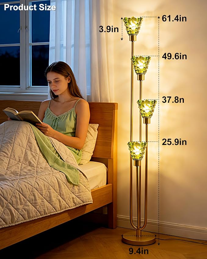 Lightdot Glass Floor Lamp Dimmable 4-Lights Gold with Green Glass Shade 3000K Bulbs Included Mid Century Modern Standing Tall Lamp with 5Lbs Heavy Base for Living Room/Bedroom/Sofa Beside/Corner Decor