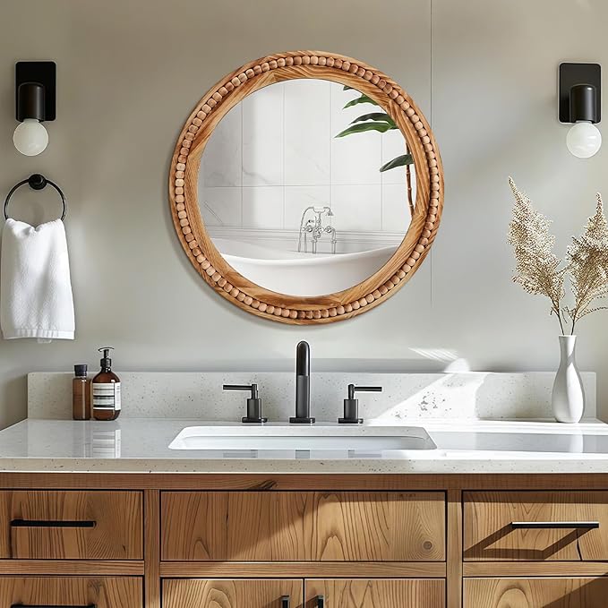 ULIKE Round Wood Mirror with Natural Wooden Bead Frame, 30 Inch Rustic Farmhouse Wall Mirror for Bathroom Nursery Bedroom Living Room Brown, Brown
