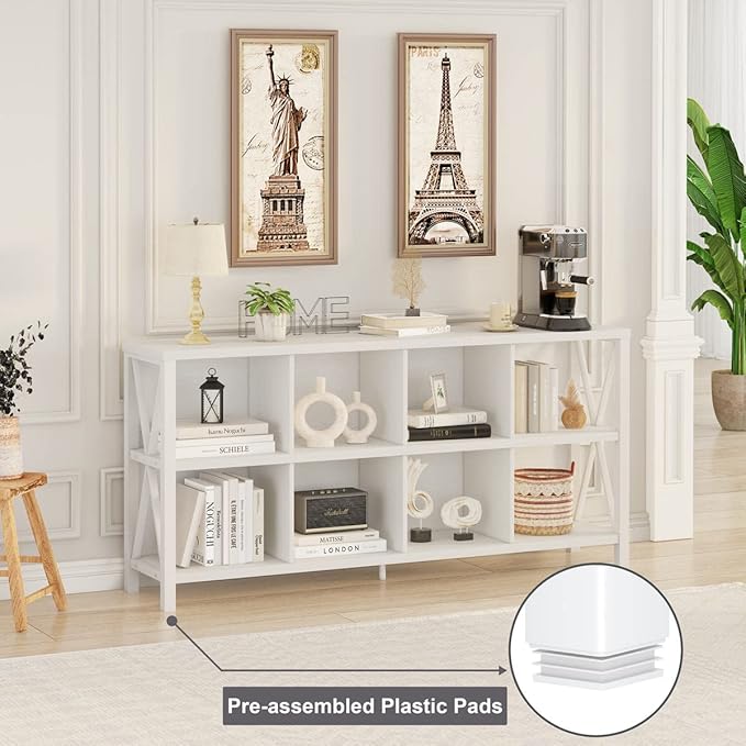 FATORRI 8 Cube Storage Organizer Bookshelf, 62 Inch Modern Wood Horizontal Bookcase, Farmhouse Cube Long Book Shelf, TV Console Stand for Living Room (White Oak)