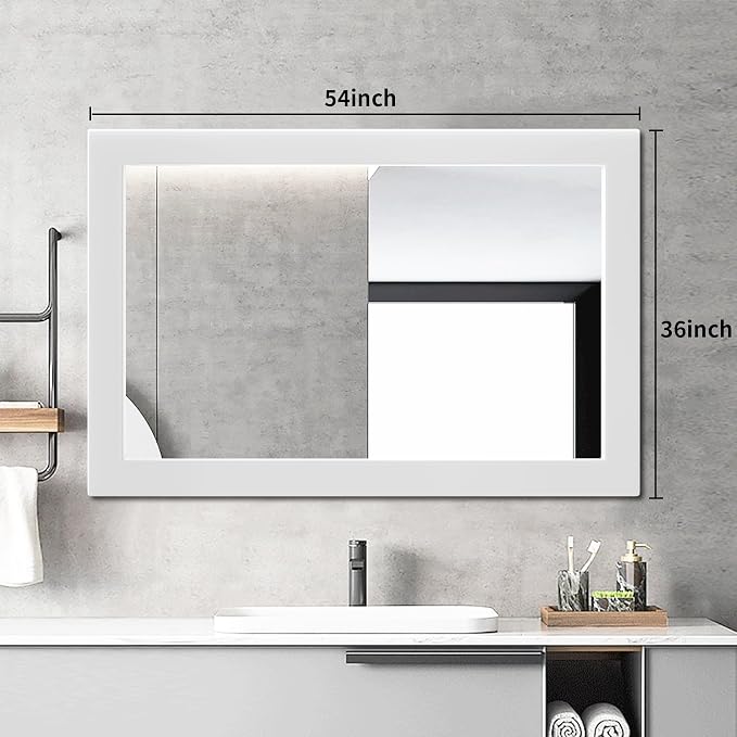 54''x36'' Rustic Wall Mirror for Bathroom White Wood Frame, Classic Rectangle Mirror Farmhouse Vanity Wall Mirror Decor Living Room, Bedroom, Entryway