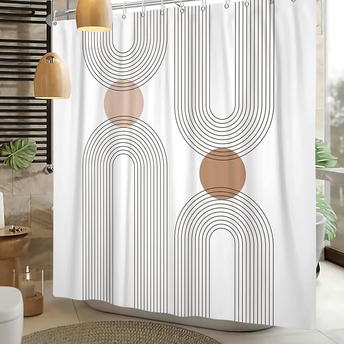 Mid Century Shower Curtain for Bathroom, Boho Sun Rainbow Modern Minimalist Geometric Shower Curtain, Abstract Arch Lines Modern Aesthetic Bathroom Decor Curtain Sets 72x84 inch