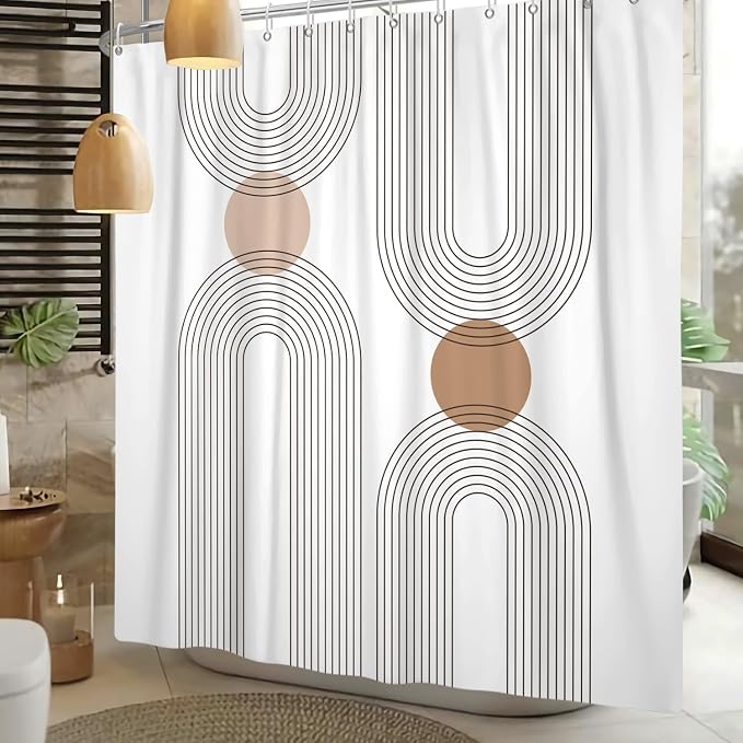 Mid Century Shower Curtain for Bathroom, Boho Sun Rainbow Modern Minimalist Geometric Shower Curtain, Abstract Arch Lines Modern Aesthetic Bathroom Decor Curtain Sets 48x72 inch