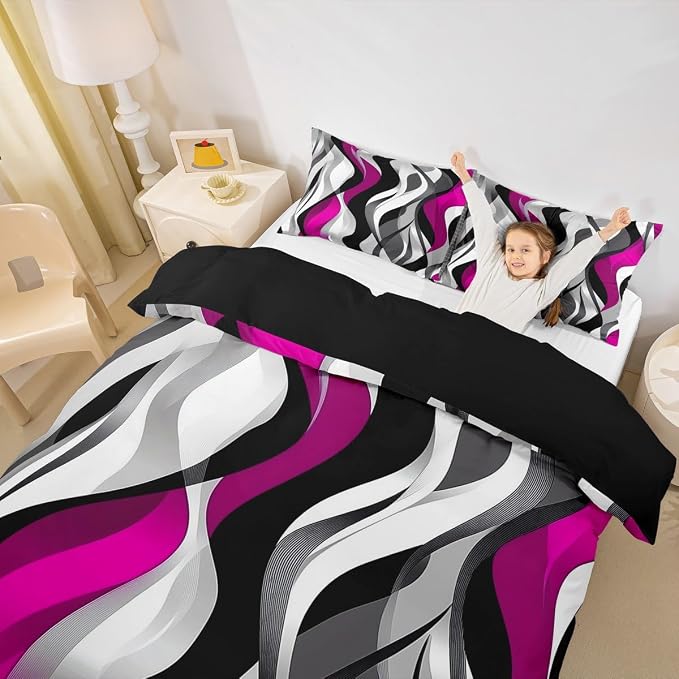 Pink Black Stripes Duvet Cover Set Twin Size,Modern Abstract Wave Striped Bedding Set,Girls Women Room Decor,Simple Geometric Artwork Chic Comforter Cover,Comfy Quilt Cover,1 Pillowcase(No Filler)
