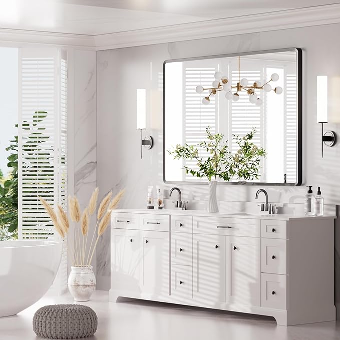 55x30 inch Black Bathroom Vanity Mirror, Large Rectangle Metal Aluminum Frame, Shatter-Proof, Horizontal or Vertical Hanging, Modern Bathroom Decor