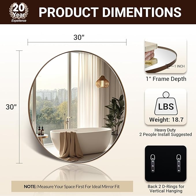 ANDY STAR Round Wall Mirror, 30 Inches Brushed Bronze Bathroom Mirror, Modern Vanity Mirror in Stainless Steel Frame