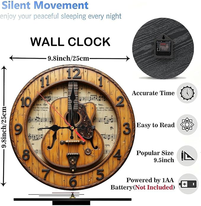 Tan Black Acoustic Guitar Round Wall Clock - 10 Inch Non-Ticking Timepiece for Study Play Room Kitchen Decor