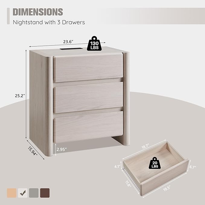25" Tall Modern Nightstand Set of 2, 23.6" W Nightstand with Charging Station & 3 Storage Drawers & Open Shelf, Wood Night Stand w/Rounded Corner Design for Bedroom, Living Room (Cream)