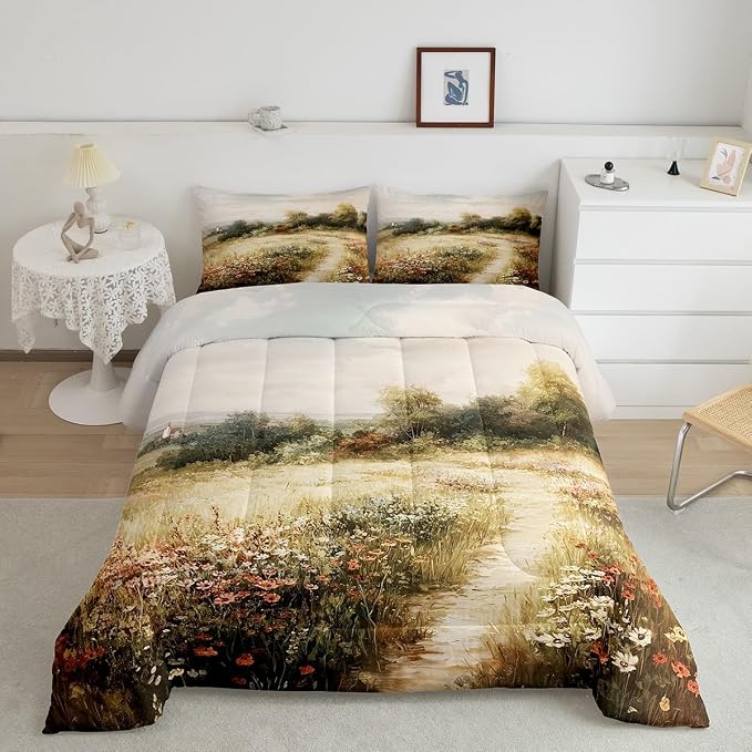 Erosebridal Rustic Wildflowers Comforter Set King Vintage Country Road Bedding Set for Kids Boys Girls Classical Flowers Landscape Comforter Farmhouse Nature Botanical Floral Quilt Duvet