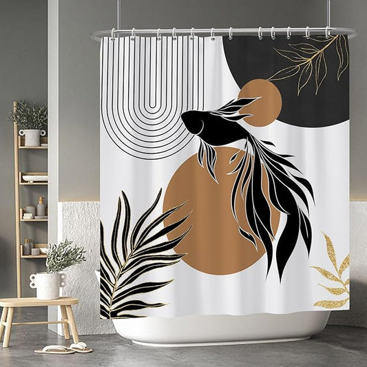 Baocicoo Boho Abstract Goldfish Shower Curtain Simple Geometric Line Aesthetic Minimalist Modern Neutral Shower Curtain for Bathroom Fabric Waterproof Durable Bath Curtain with Hooks 72x78 Inches