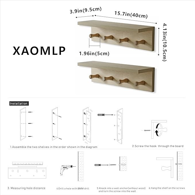Entrance Coat Rack ，Coat Hooks, Wall-Mounted Wooden Hook Rack, Wall-Mounted Shelves are Very Suitable (Birch Color Finish—A-2)