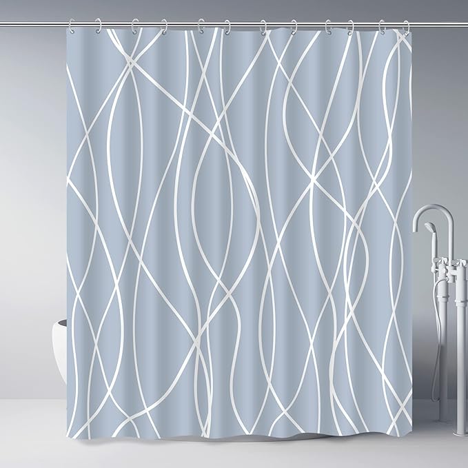 Punkray Light Blue Shower Curtain for Bathroom with Hooks, Shower Curtain Set, White Stripe Bath Curtains Decorative Shower Curtains Water Repellent Washable, 72 x 72