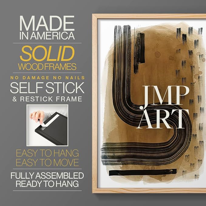 Renditions Gallery Set of 2 Peel & Stick Framed Prints, Abstract Wall Art, Hand Drawn Ink Curves Wall Decor, Re-Stickable - Ready to Hang - 8"x10" - NATURAL WOOD Frame LT588