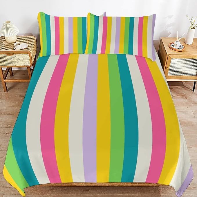 Rainbow Duvet Cover Set, Rainbow Lines Pattern Spectrum of Colors Abstract Art Decorative，Aesthetic Abstract Art Bedding 3 Piece (1 Duvet Cover 90"x90" + 2 Pillow Sham 20"x30")