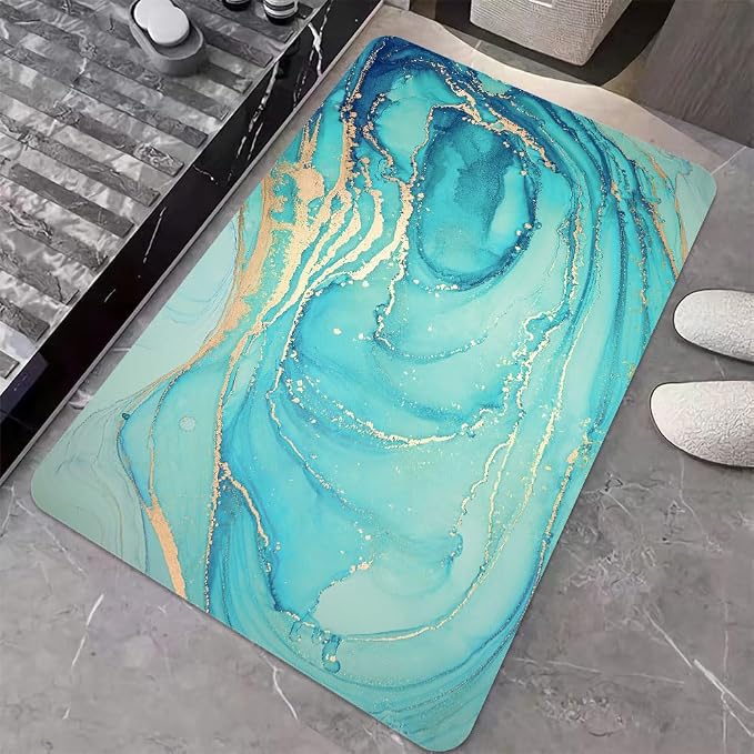 Diatomaceous Earth Bath Mat,Turquoise Marble Non-Slip Volume Super Absorbent Fast Drying for Bathroom Kitchen Door mat,Eco-Friendly Easy to Clean 16×24Inch (40 * 60cm)