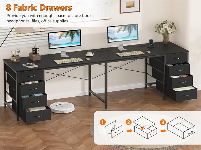 YOMILUVE 95'' Two Person Desk with 8 Drawers, Long Office Desk with Charging Station, 2 Person Desks Double Desk Writing Study Table for Home Office, Black