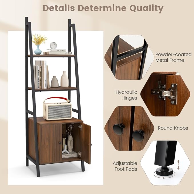 Tangkula 4-Tier Ladder Shelf with Cabinet, 63” Tall Bookshelf, Industrial Bookcase with Metal Frame, Floor Display Shelf Storage Rack for Living Room Study Home Office (1, Rustic Brown)