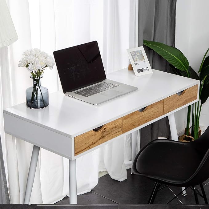 DlandHome Computer Desk with Drawers Mid Century Modern Desk 41.3 Inches Vanity Desk with 3-Drawers, Office Desk with Drawers Writing Desk Study Table Makeup Tables, Bedroom Dresser Table