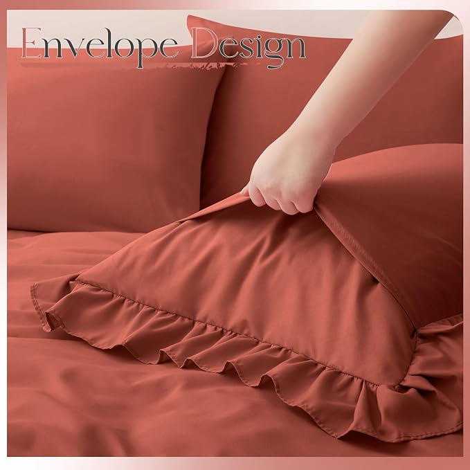 Horbaunal Terracotta Ruffle Sheets Queen Size 6 Piece, Fits 16" Deep Mattress, Microfiber Rust Queen Sheets with 2 Ruffled Pillowcases, Shabby Chic Bed Sheet Set