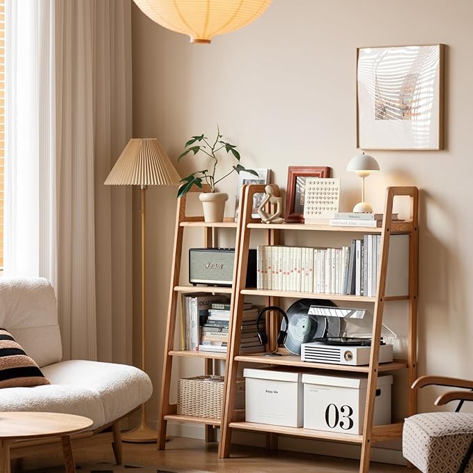 100% Solid Oak 4 Tier Ladder Shelf, Small Bookshelf, Ladder Bookshelf, Bookcase with Stable Frame, Small Table for Living Room Bedroom (Natural, 35.04" D x 16.53" W x 53.54" H)