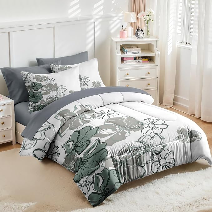 Nesker 7 Pcs Comforter Set King Size, Vintage Flowers Bedding Set for Kids and Adults, Farmhouse Floral Line Bed Sheet Sets with Fitted Sheet 2 Pillowcases & 2 Shams