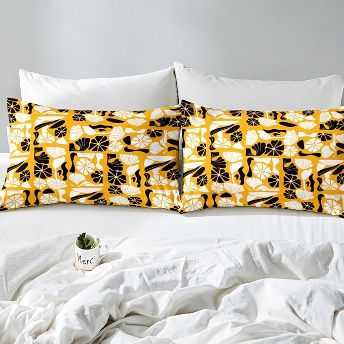 Boho Abstract Floral Duvet Cover King Vintage Patchwork Black White Plant Bedding Set Mid Century Retro Abstract Geometric Comforter Cover For Kids Adults,Botanical Flowers Modern Aesthetic Bed Set